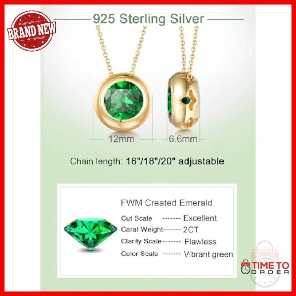 2CT Lab Emerald Pendant Necklace 925 Sterling Silver Adjustable Chain